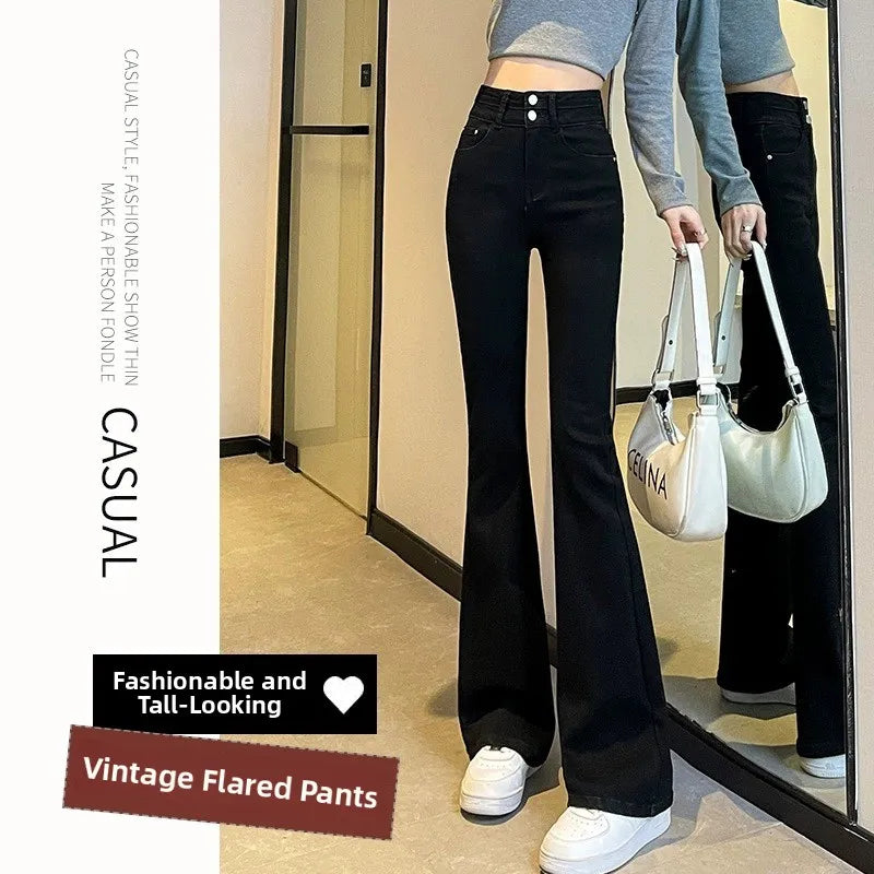High Waist Slim Fit Flare Jeans Women's Spring Summer 2024 New Sle Double Bule e ey Cotton Stretch Denim Pants