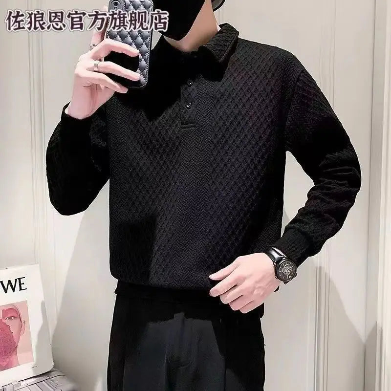 Men's Long Sleeved Hoodie with a Lapel and Polo Shirt, Autumn and Winter with Plush Trendy Casual and Versatile Fashion Top