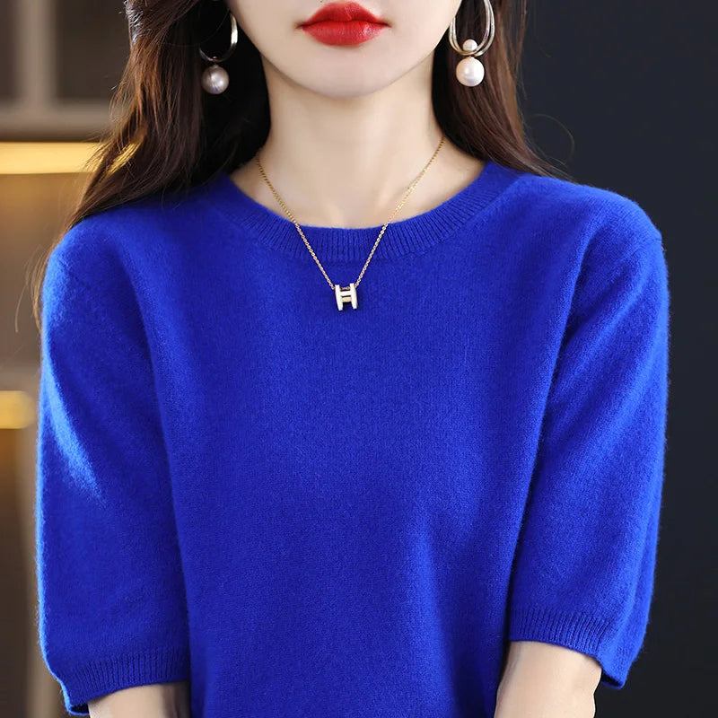 2025 New Spring Summer Women Sweater Short Sleeve O-Neck Pullover 100% Merino Wool Pure Color Knitted Jumper Female Clothing
