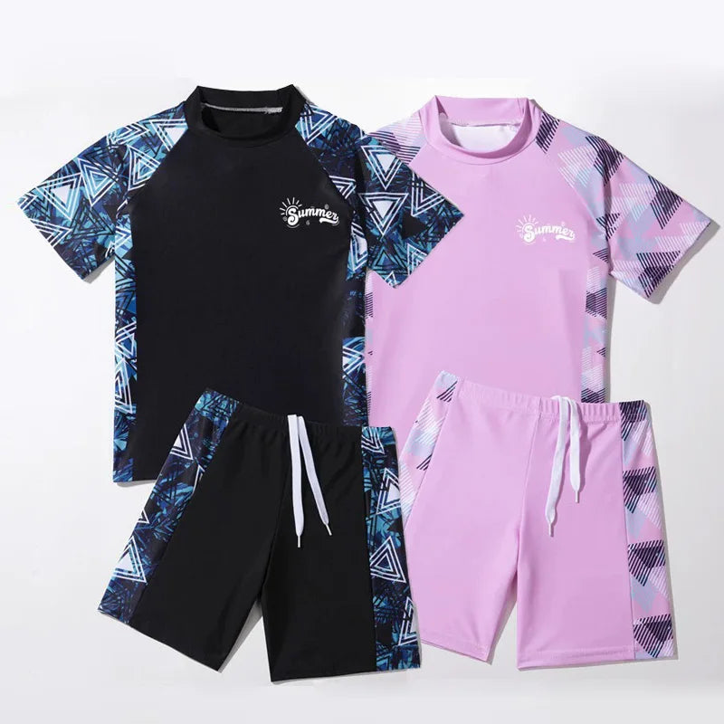 Boys Girls Split Swimsuit Children Surfing Quick Drying Swimming Sets Kids Short Sleeve Sleeve Shorts Swimwear 2 Piece Set