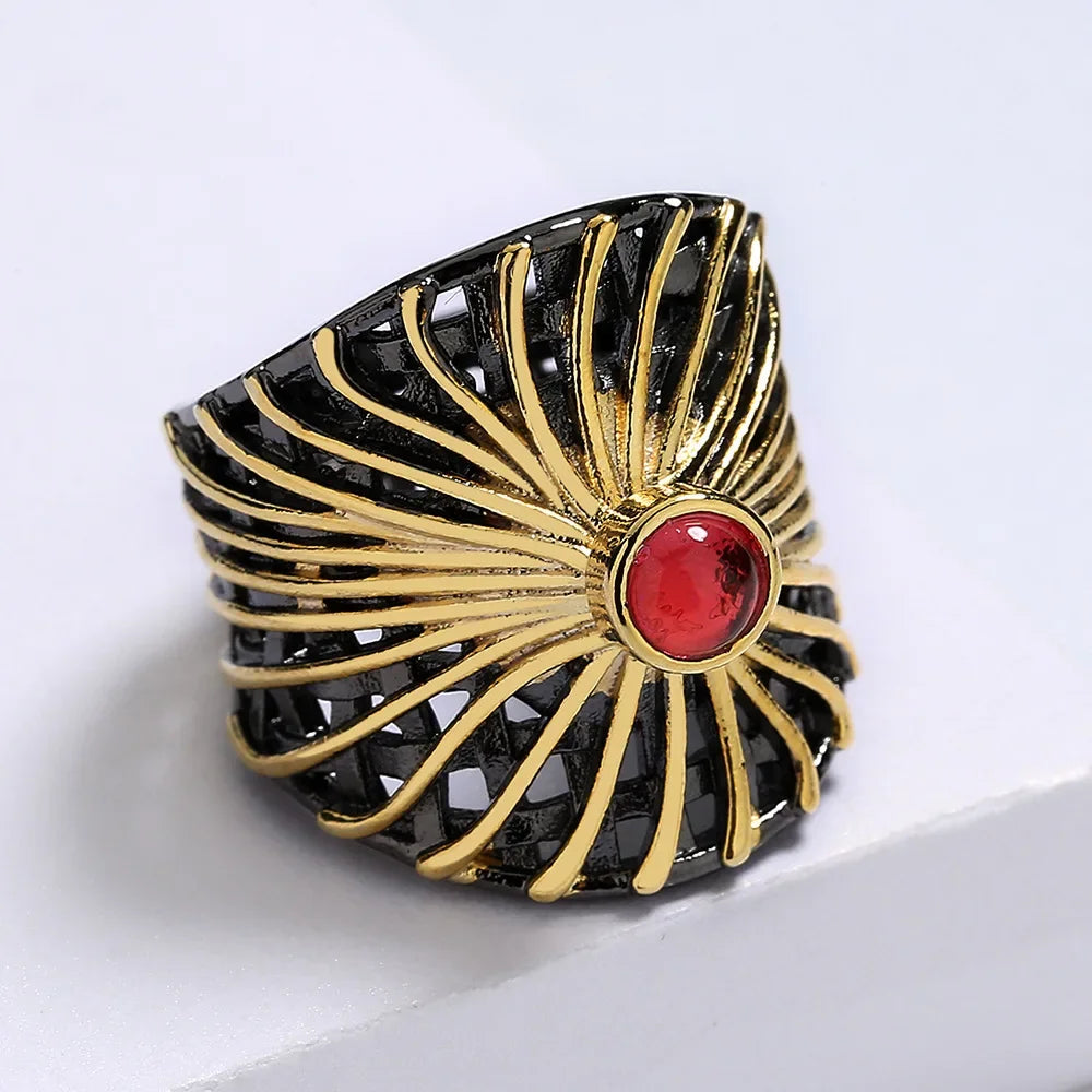 Unique Jewelry Rings for Women 925 Stamp Creative Hollow Sunflower Rings Black Gold Two Tone Jewelry Engagement Gift