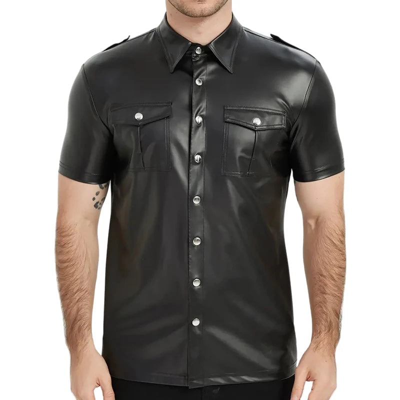 Men Fashion Faux Leather Shirts Short Sleeve PU Leather T-Shirt Street Style Button-Up Jacket Party Nightclub Dance Tops