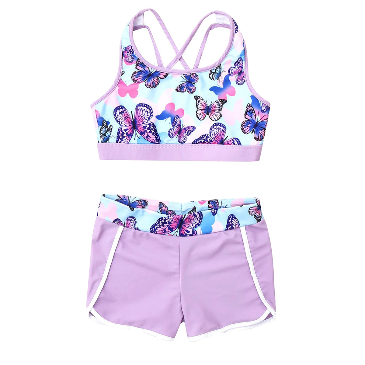 Girl'sSwimsuit Outfit Crop Top with Boyshorts Childrens Swimwear Kids Bathing Suit Swimming Set Beach Pool Printed Two Pieces
