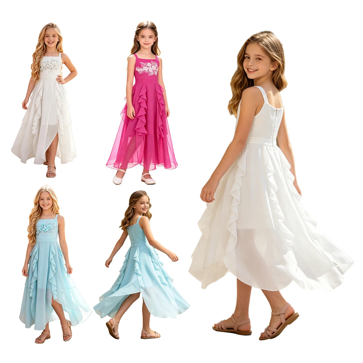 Kids Girls Elegant Chiffon Party Dress Gown Embroidery Applique Ruffled Flowy Sling Dress for Pageant Birthday Wedding Evening