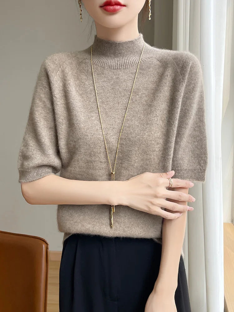 Short Sleeve Women Sweater Basics 30% Merino Wool Female Knitted Pullover Summer Clothing Tops Solid Casual Mock Neck T Shirts