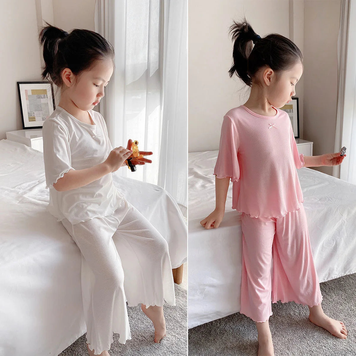 Girls' Short-Sleeved Pajamas, Summer Simple and Elegant Baby Home Clothes Set, Little Girls Can Wear Air-Conditioned Clothes Outside, Trendy