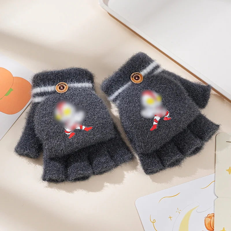 Children's Warm Gloves for Boys and Girls Cartoon Cute Half Finger Knitted Winter Flip Cover Baby Thick Cold Proof Five Fingers