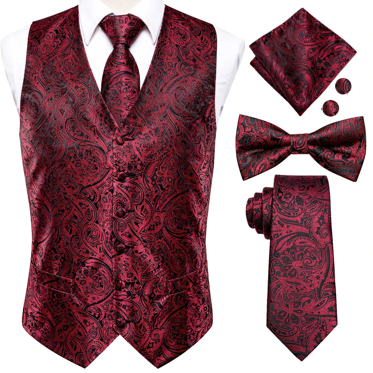 Luxury Gold Mens Suit Vest Red Blue Green Yellow Red Waistcoat Tie Bowtie Hanky Cufflinks Set Male Waist Jacket Wedding Office