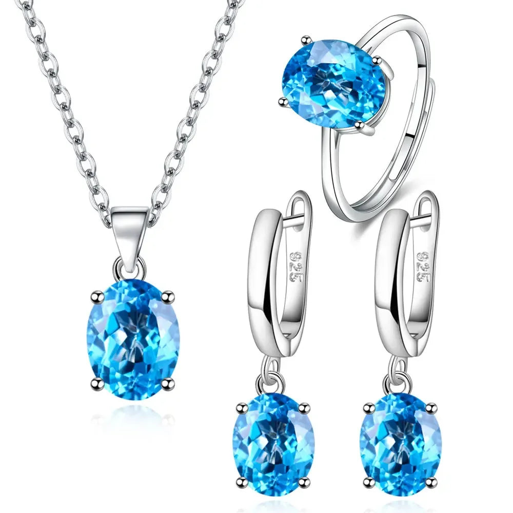 S925 Sterling Silver Jewelry Sets For Women Ellipse Zircon Ring Necklace Earrings Luxury Accessories