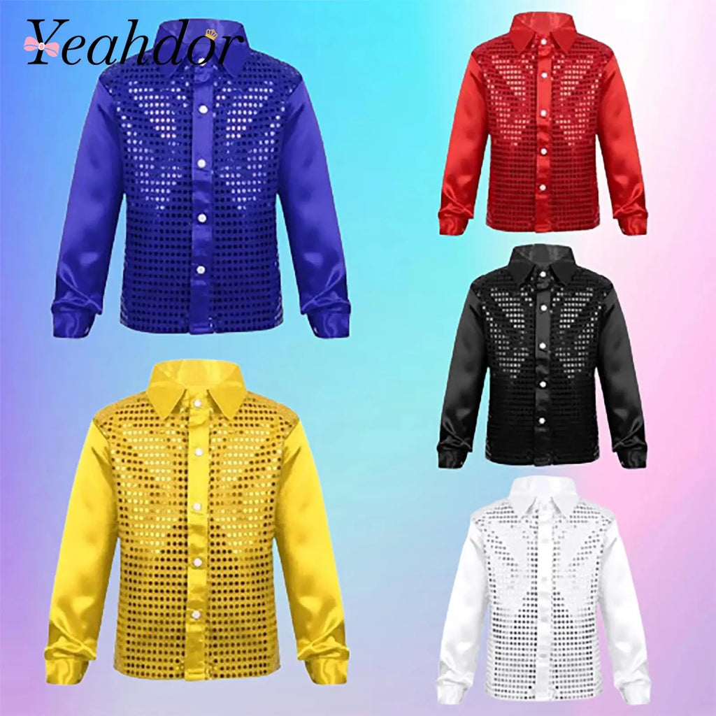 Kids Boys Sequined Shirts Shiny Long Sleeve Shirt Tops Button-Down Shirts Fashion Choir Jazz Dance Costumes Performance Clothes