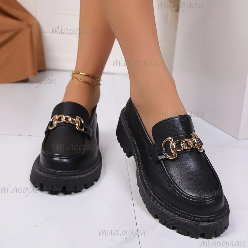 Fashion Metal Decoration Black Loafers Shoes for Women Non Slip Platform Casual Shoes Slip-on Office Ladies Footwear Size 35-43