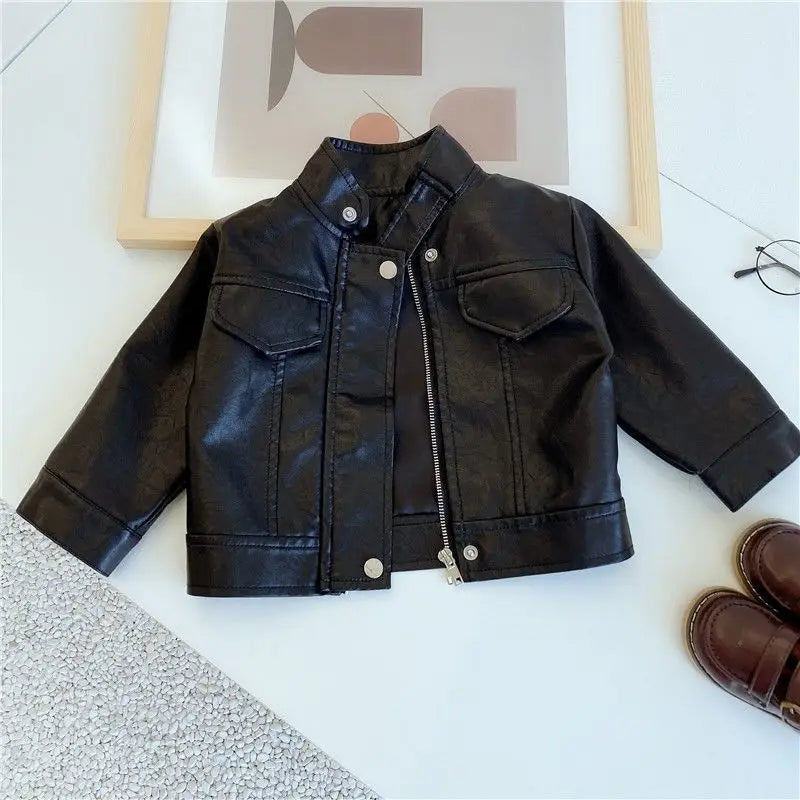 2-12Y NEW YEAR Boys Girls Red Rock Motorcycle Pu Leather Jacket Children Waterproof Windproof Coat Kids Street Photography Wear