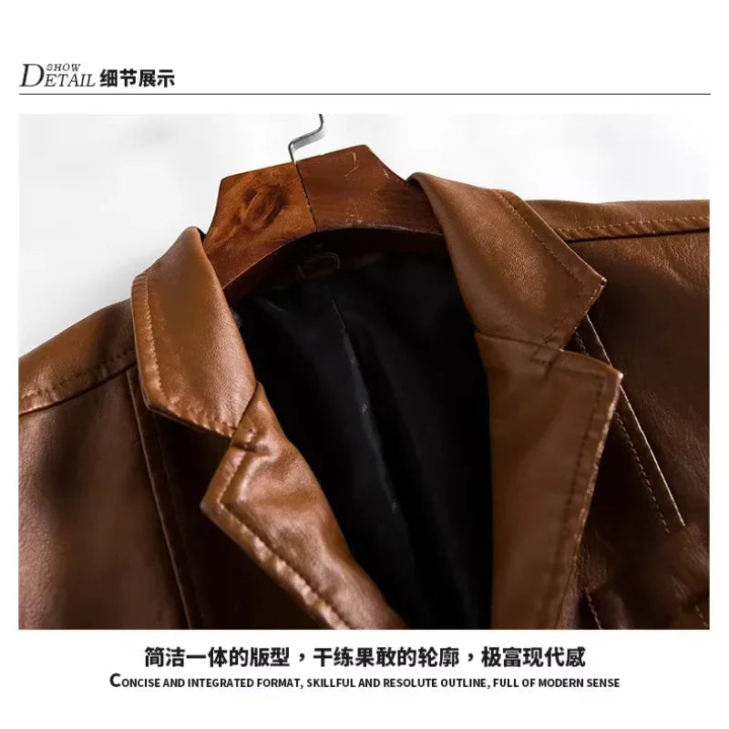 2024 Men's Leather Jackets Lapel Business Pu Blazers Men Solid Casual Slim Button-up Leather Coats Autumn Outwear Plus Size 6XL