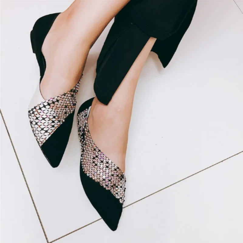Women's Walking Sneakers, Lightweight Breathable Open Back Flats, Rhinestone Mesh Pointed Toe Dress Shoes for Party & Banquet