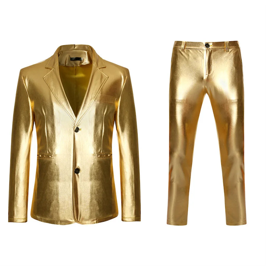 2026 New Gold Men's 2 Piece Suit Set Party Stage Nightclub Performance Jacket and Long Pants Men Cosplay Clothes Blazer Trousers