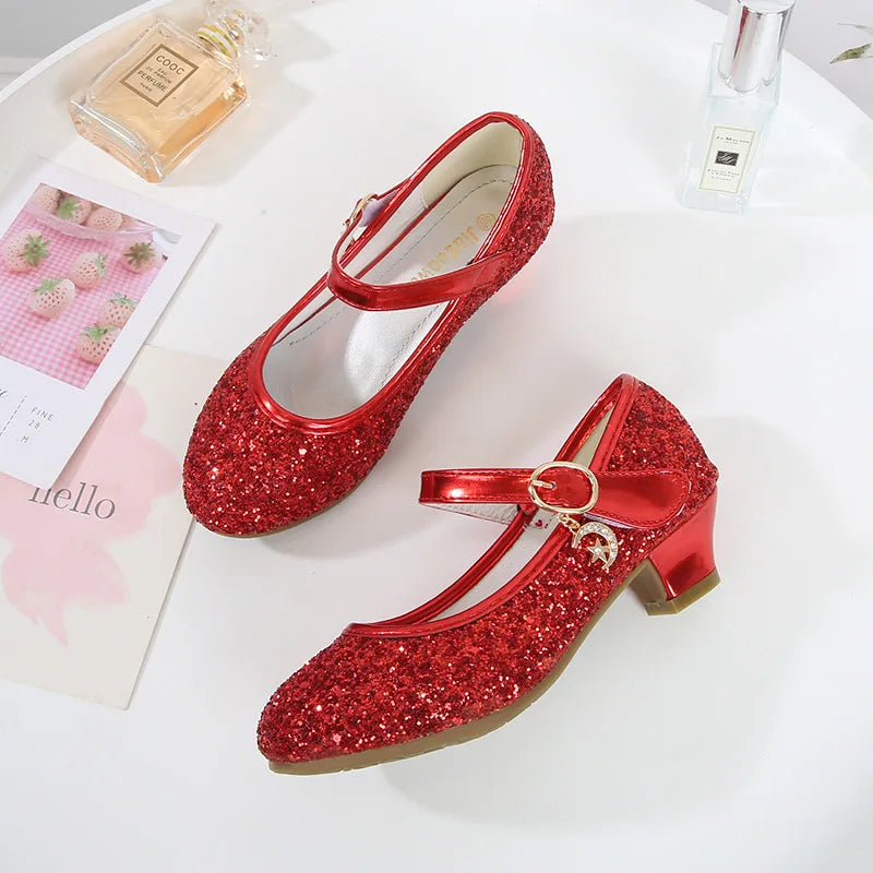 ULKNN Kids High Heel Shoes Girls Leather Shoes Flower Casual Pink Glitter Children 2026 Girls Shoes Butterfly Knot size 26-38