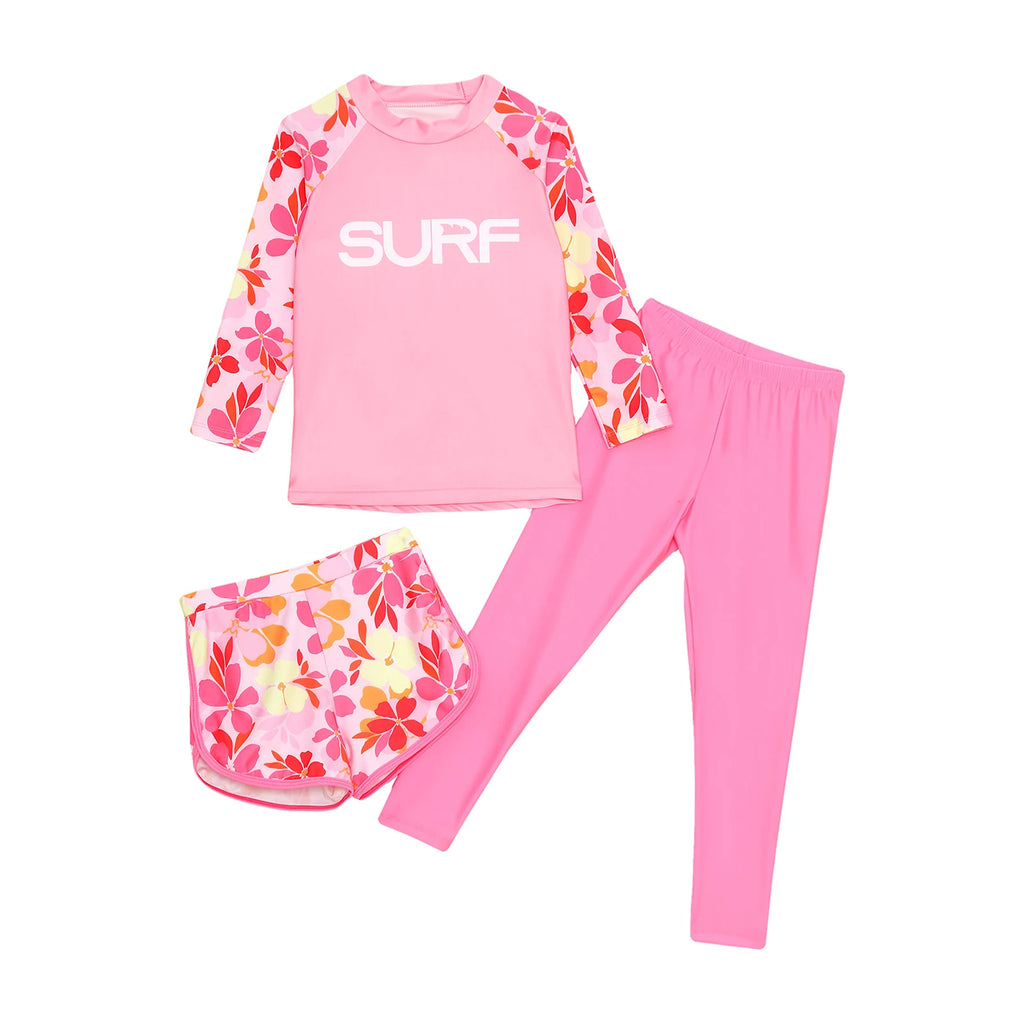 Kids Girls Boys 3 Pieces Swimsuit Swim Top with Shorts Pants Set UPF 50+ Rash Guard Outfits Bathing Suit Water Park Swimwear
