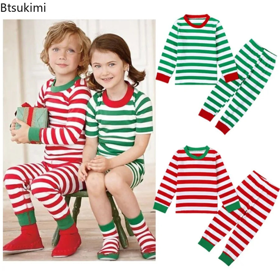 2026 Kids Christmas Cosplay Costume Long Sleeve Pants Pajamas Sets Boys Girls Striped Home Sleepwear 2 Pieces Children Xmas Look