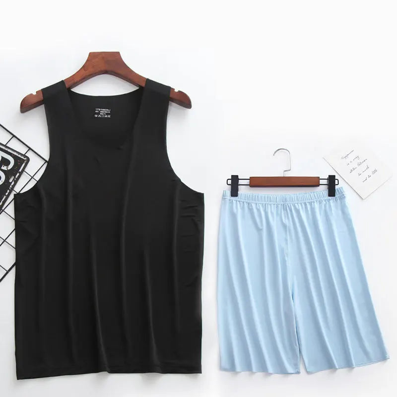 Mens Ice Silk T-Shirt & Short Pants 2Pcs Pijamas Sleep Set Ultra-thin Homewear Clothing Summer Pyjamas Sleepwear Nightwear Suit