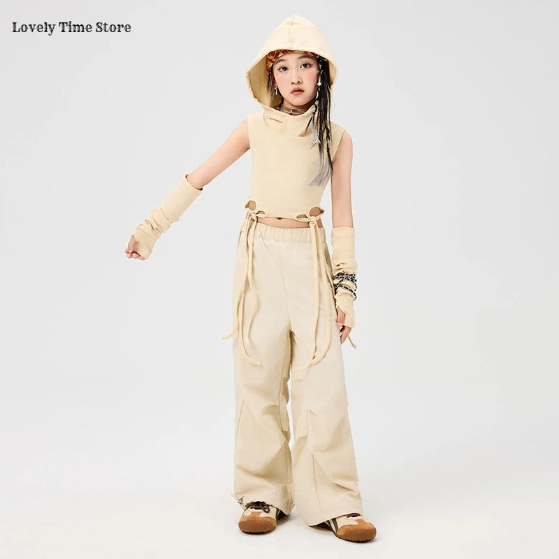 Girls Hip Hop Hoodies Joggers Pants Child Street Dance Hooded Crop Top Costume Kids K-pop Streetwear Jazz Girl Group Clothes Set