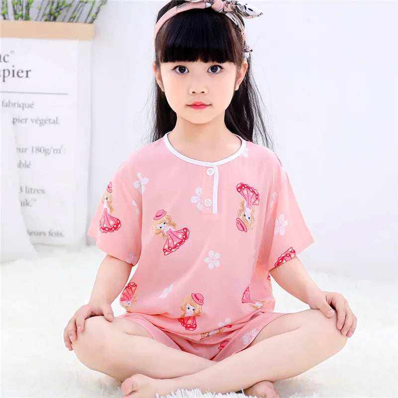 Kids Boys Girls Pajamas New 2023 Summer Thin Cute Cartoon Short Sleeve O-Neck Casual Tops with Shorts Baby Sleeping Clothing Set