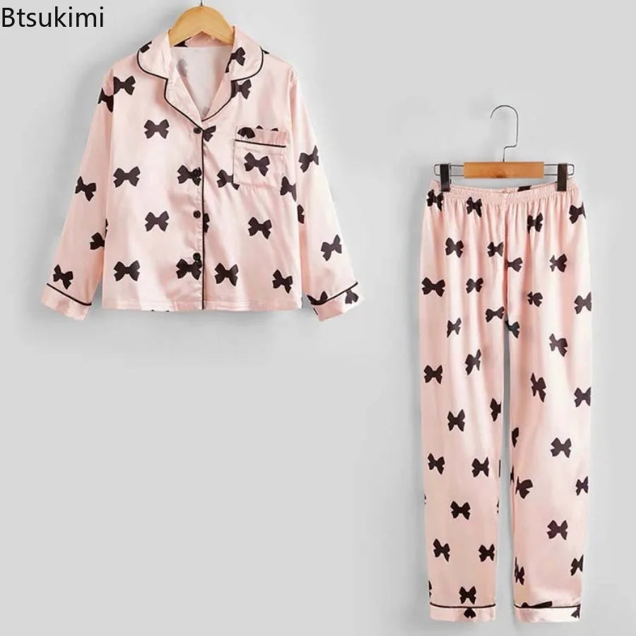 Autumn New Children's Pajama Set Imitation Silk Bow Printed Two-piece Pajamas Girls Solid Color Casual Long Sleeves Home Clothes