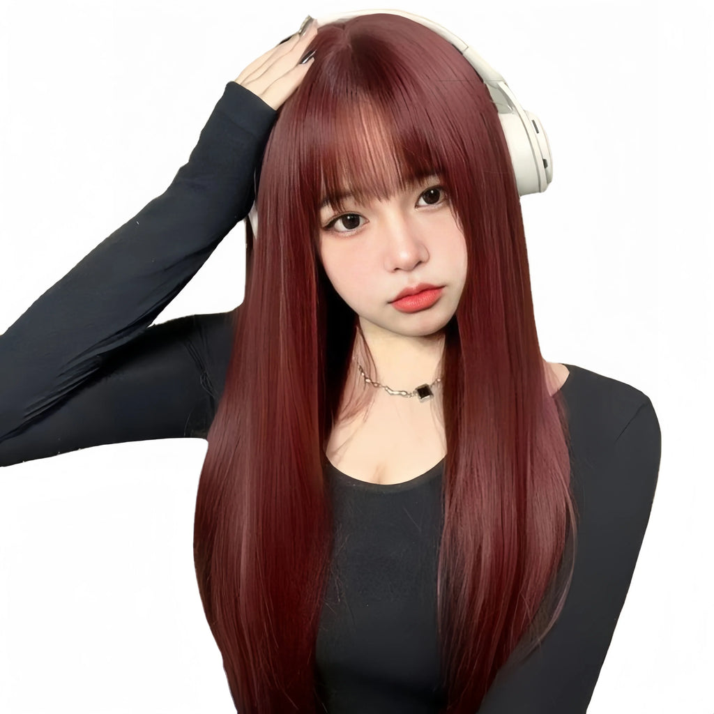 Wig female wine red long straight hair comic fringe temperament repair face synthetic fiber high temperature silk wig head cover