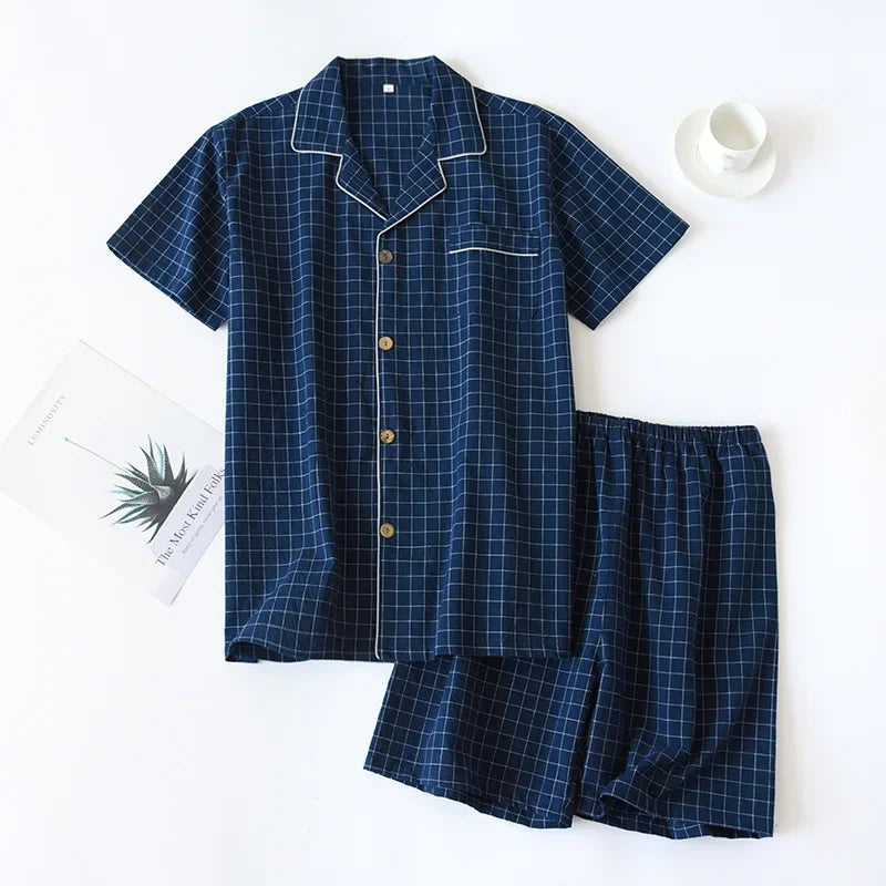 2026 Men's Spring Summer Pajamas Short Sleeved Top and Pants Washed Cotton Simple Plaid Home Service Suit Pantalon Pijama Hombre