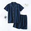 2026 Men's Spring Summer Pajamas Short Sleeved Top and Pants Washed Cotton Simple Plaid Home Service Suit Pantalon Pijama Hombre
