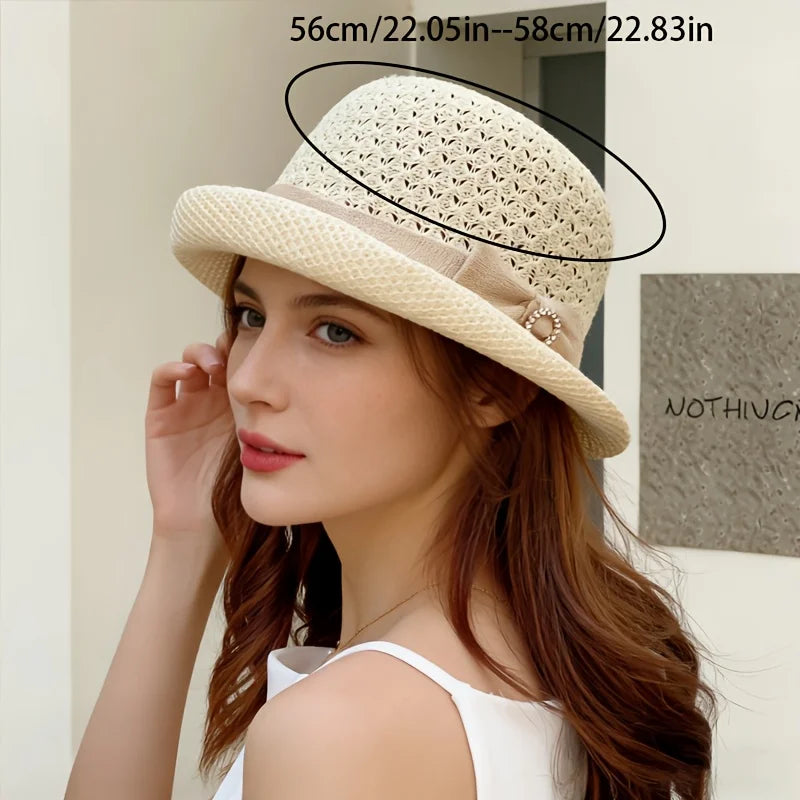 Women's Bucket Hat Features Breathable Crochet Design Bow Rhinestone Clasp,Casual Outings Vacations Summer Activities