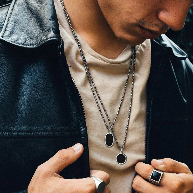Men Necklace, Oval Round Pendant, Stainless Steel Minimalist Black Pendants.French Style Vintage Men Jewelry