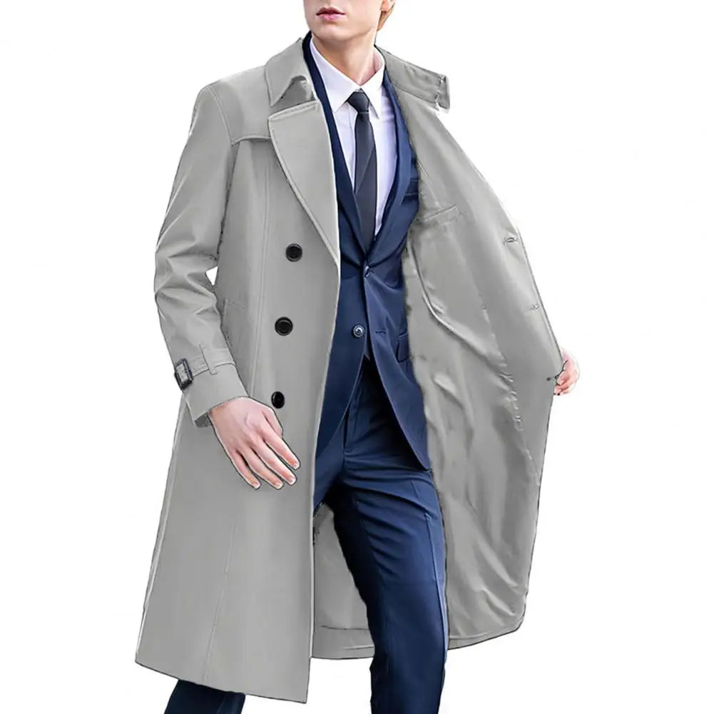 Men Windbreaker Coat Lapel Long Sleeve Double Breasted Mid-Length Trench Solid Color Casual Business Outerwear