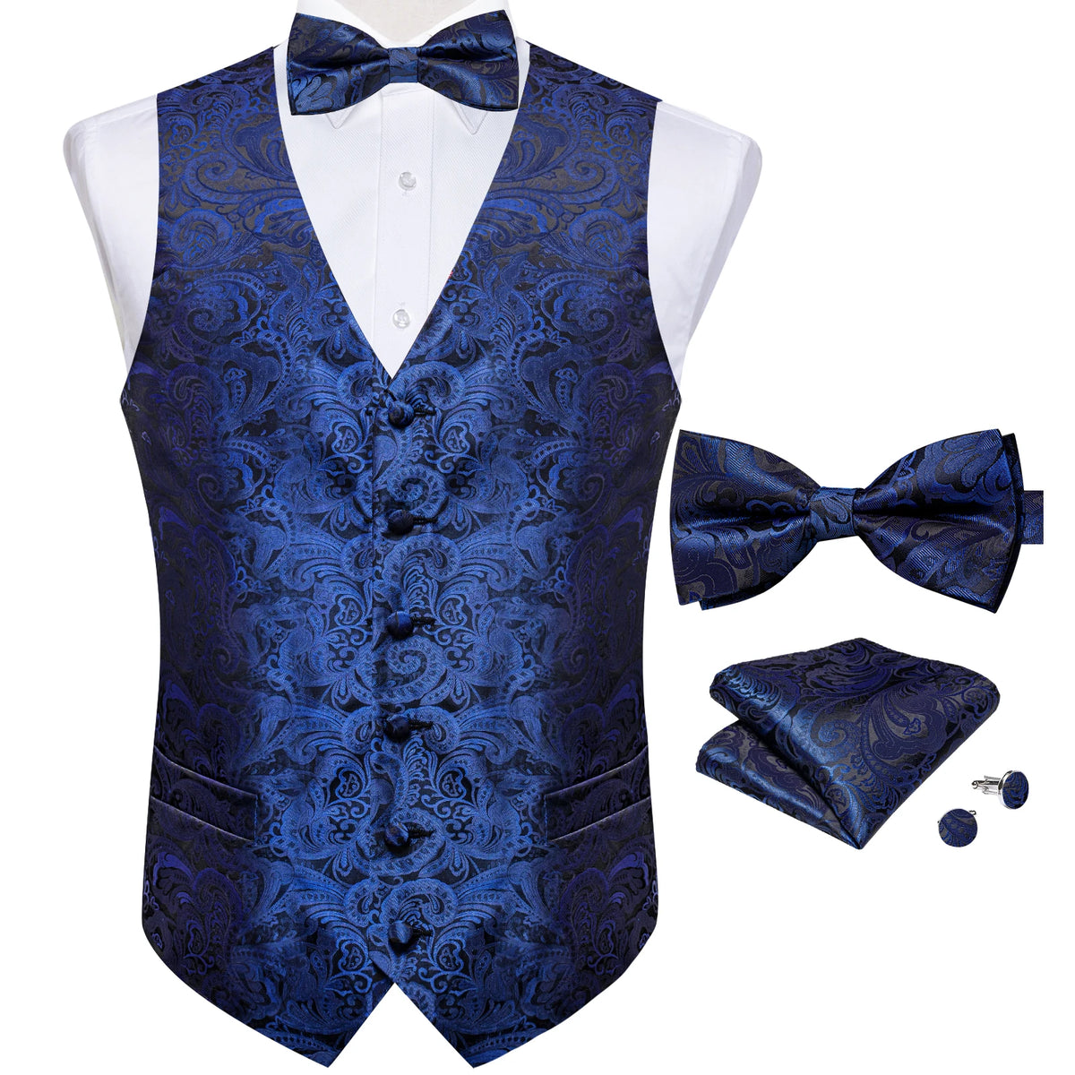 Wedding Classic Red Paisley Dress Vest for Man Fashion V-neck Luxury Men's Business Waistcoat Bowtie Pocket Square Cufflinks Set