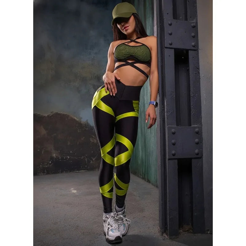 Women's Clothes Sports Yoga Set for Women Workout Gym Suits Split-Joint Mesh Lace-Up Bra&High Waist Leggings Cool Girl 91939
