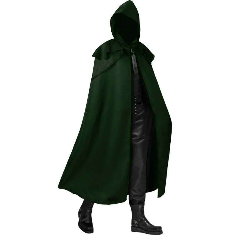 2026 Medieval Men's Black Retro Cosplay Hooded Cape Gothic Long Cloak Jacket, Red Green Blue Available, Unisex Jacket