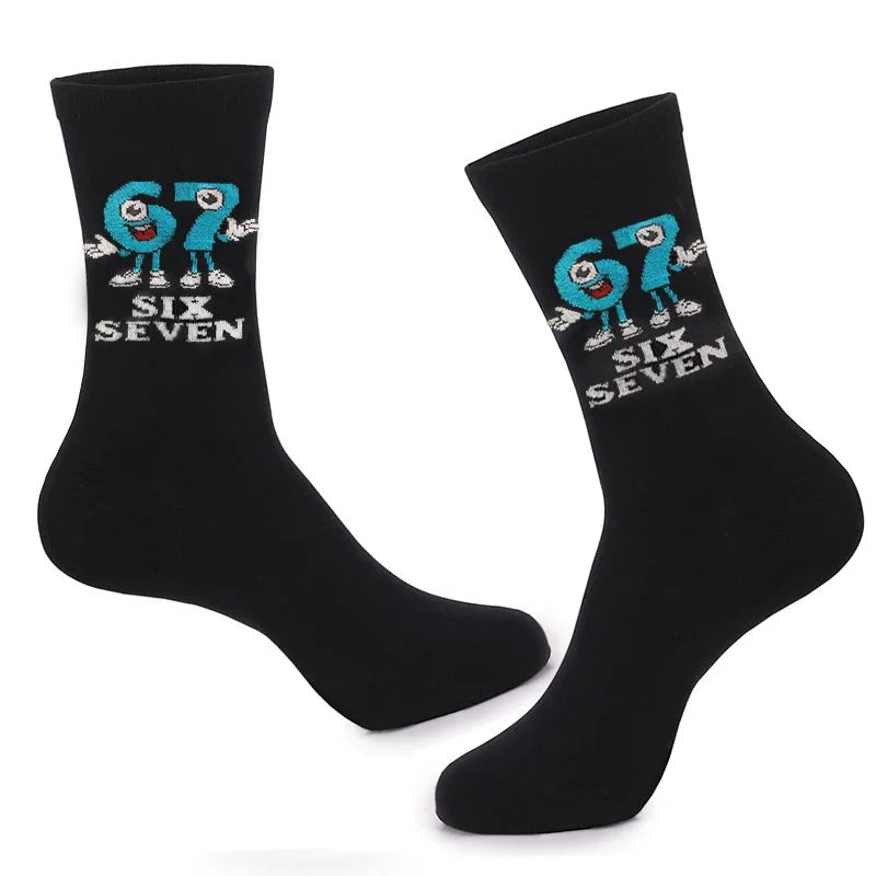 Cross Border New Arrival 67 Cartoon Number Socks Funny Letter Mens Mid Calf Socks