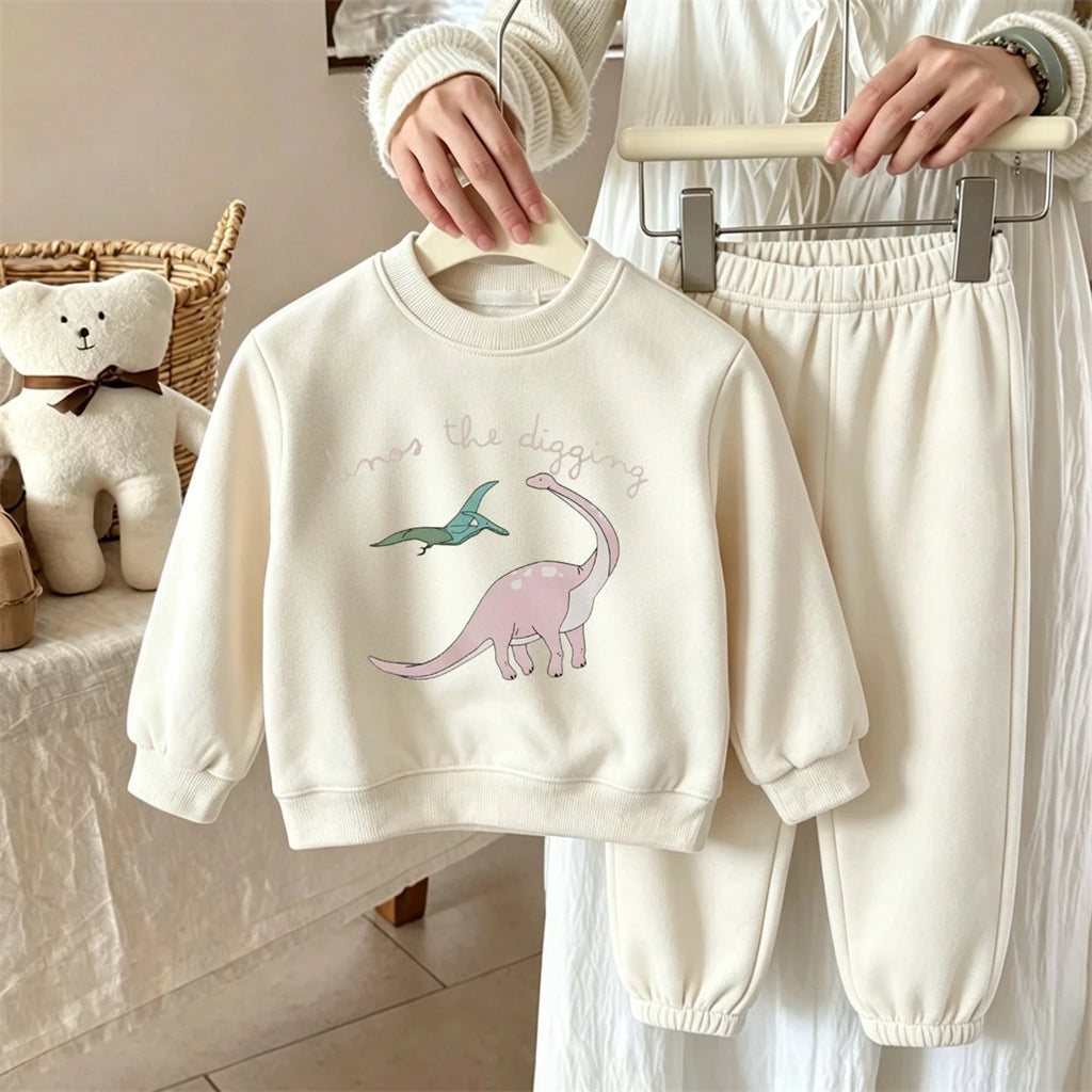 Kids Cartoon Hoodies+Pants Two Piece Set Spring Autumn Clothing Round Neck Tops Dinosaur Print Sweatshirts Loose Sweatpants