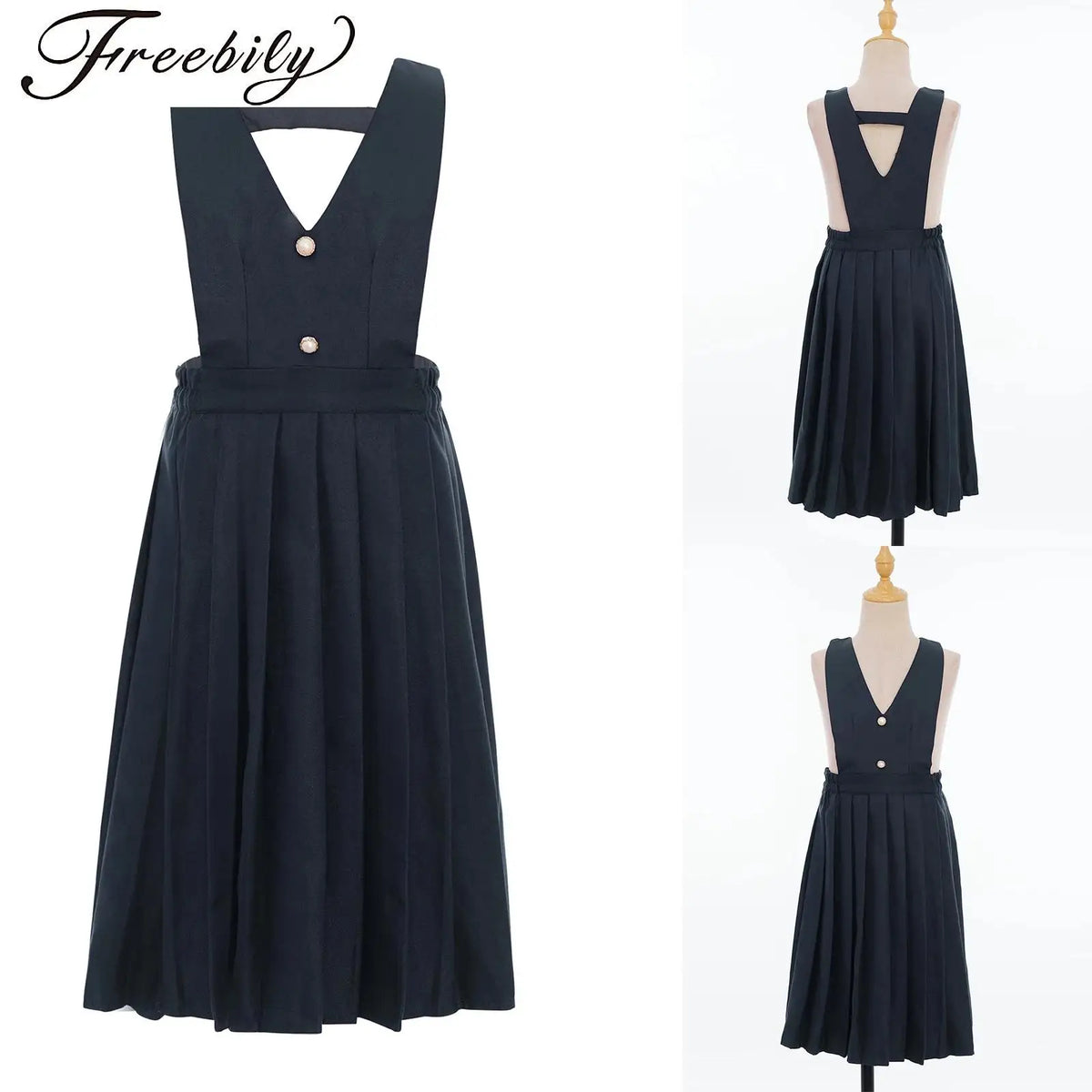 Kids Girls School Uniform V-Neck Sleeveless Pleated Overall Skirt Dress Recitation Chorus Performance Costume Birthdays Clothes