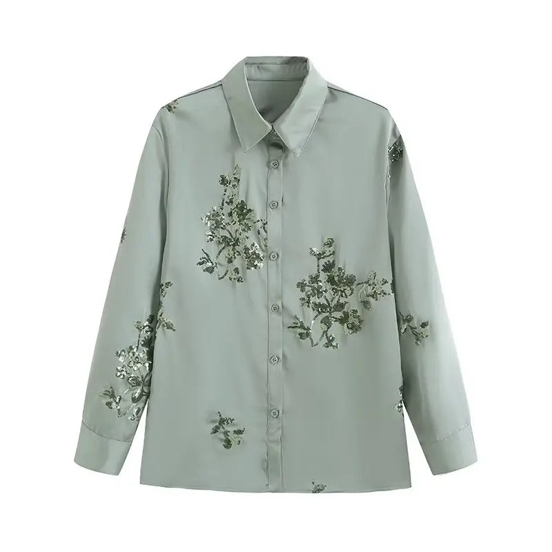 Luxury Women's Sequined satin shirt Long sleeve blouse And Elastic waist long pants 2025 Spring summer Suit Green INEKO 4T005