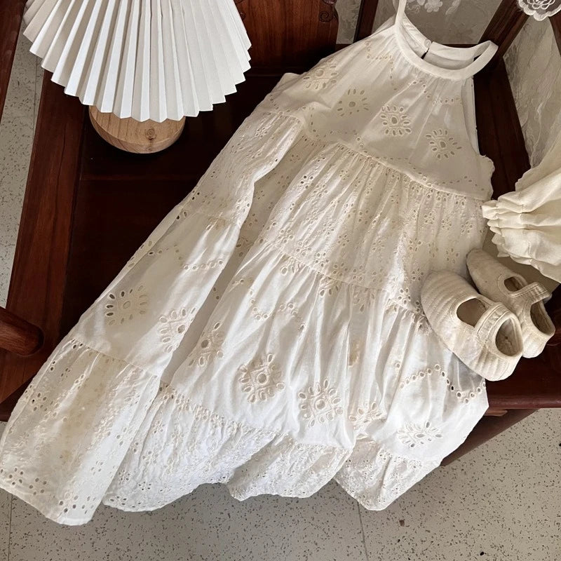 Korean Kids Summer Dress 2025 New Lace Flower Embroidery Girls Suspenders Dress 2-7T Children Vacation Style Princess Clothes