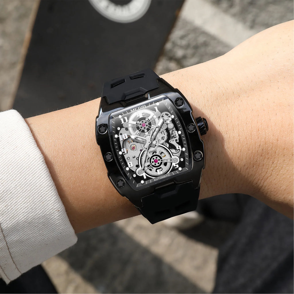 MEGIR Automatic Mechanical Watches for Men 43MM Tonneau Skeleton Dial Man Wristwatch Waterproof Luminous Male Clock Reloj Hombre
