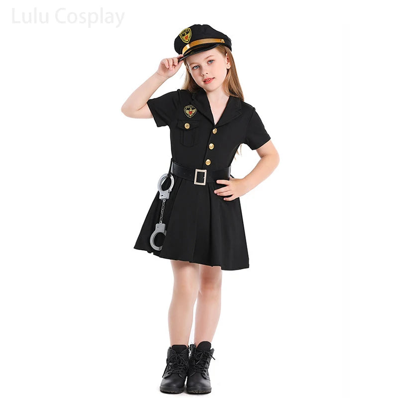 Kids Police Uniforms Dress Girl Dresses Halloween Cosplay Costumes Cap Belt 3Pcs Set Carnival Party Role-play Performance Dress
