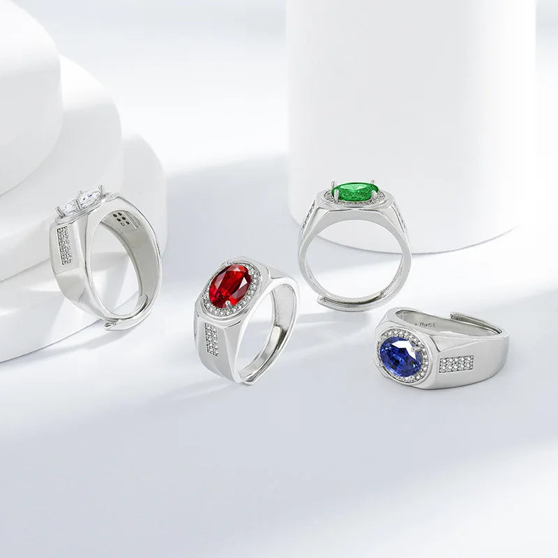 Men's 925 Sterling Silver Ring, Oval Cut Gemstone Ring, Adjustable Luxury Cubic Zirconia Ring, Hip Hop Statement Jewelry Gift