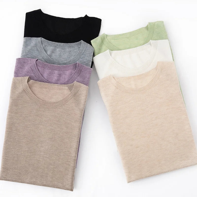 Summer New Short-Sleeved Round Neck Knitting Sweater Women's Ice Silk Thin Casual Wool T-Shirt Loose Temperament Top