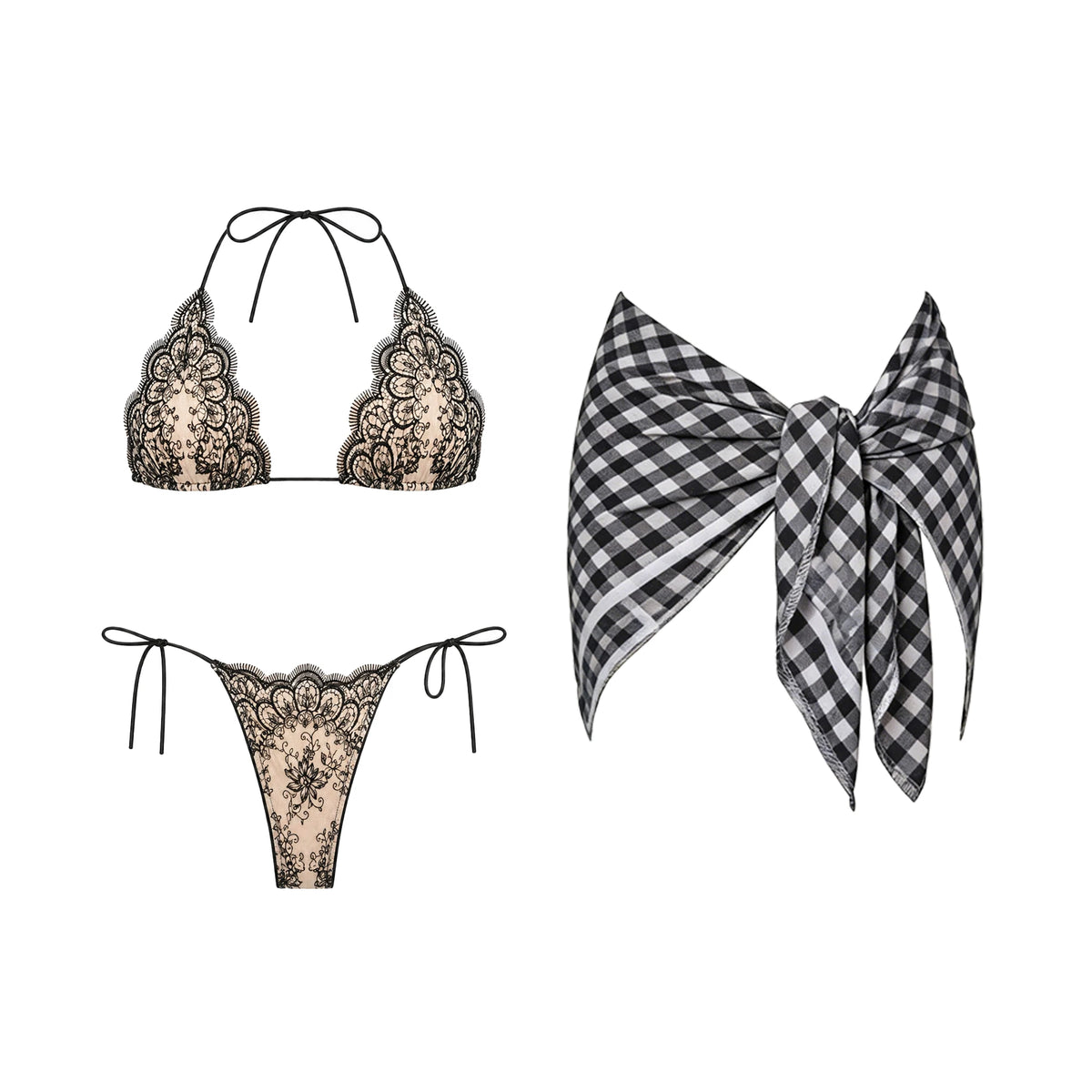 Mesh Bikini with Pants Swimsuit Brazilan Bikini Set Swimwear for Women Lace Halter Shirring 3 Pcs Bathing Suits Summer Female