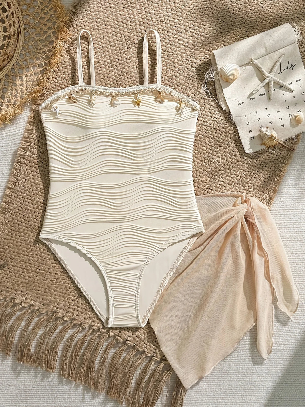 Girls' Summer Casual Swimwear Set, Children's Swimsuit Set, Girls' Apricot-Colored One-Piece Swimsuit with Wave Shell Trim and Mesh Skirt, Two-Piece Set Suitable for Children over 3 Years Old, Suitable for Pool, Seasid