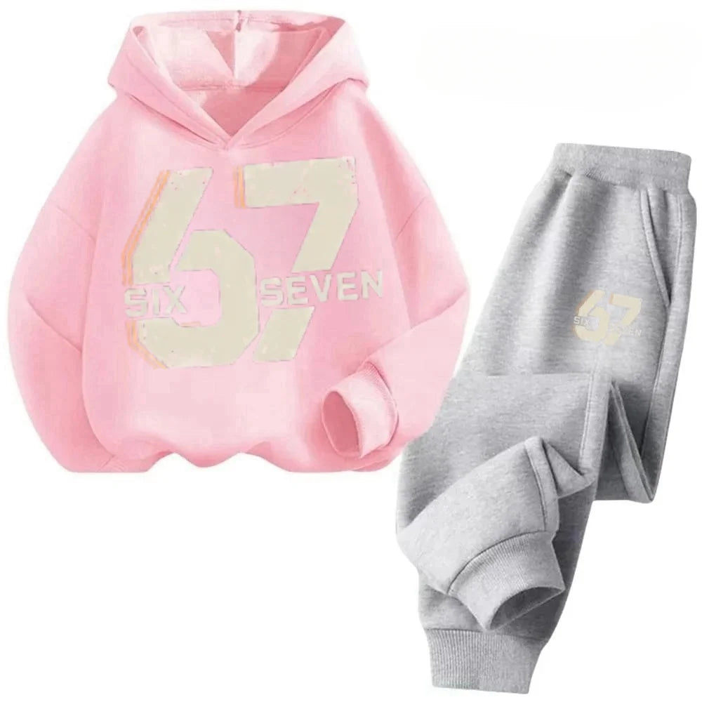 67 Chic Children's Hoodies Set 4-13Y Korean Streetwear Block Tracksuit Fashion Comfortable Kids Sweatshirt 2 Pcs Sets Pant Suit