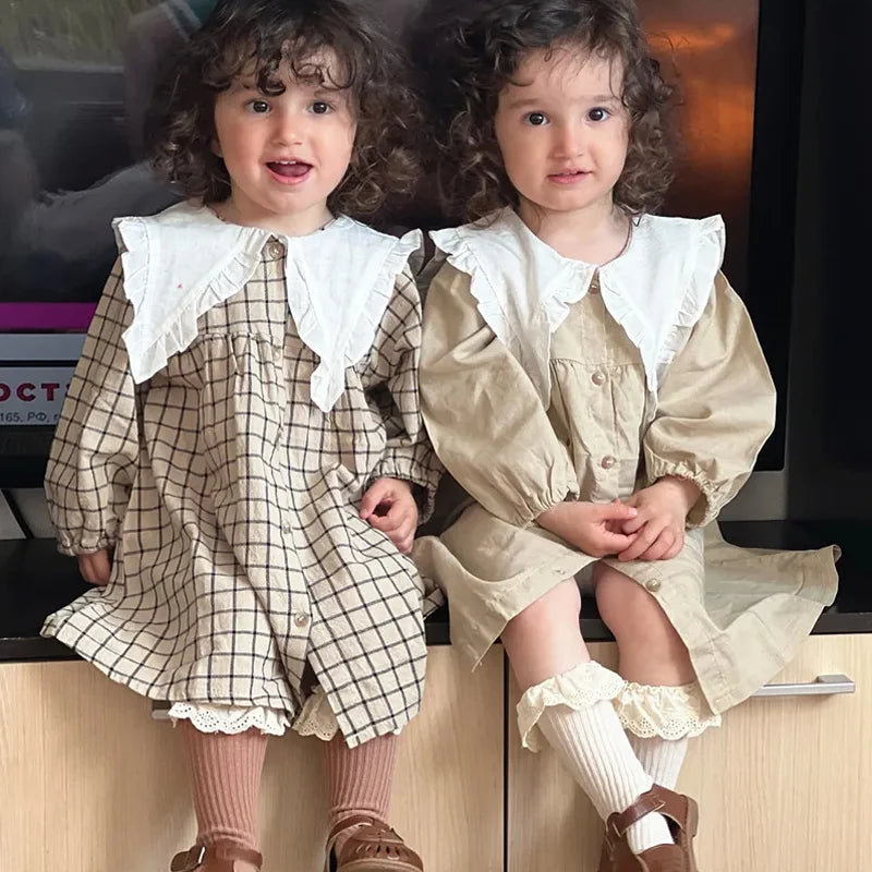Spring toddler children  Girls' Clothing Korean Retro Dress costume For kids Girls' Clothes 1 2 3 4 5 6 T Birthday Plaid Dress