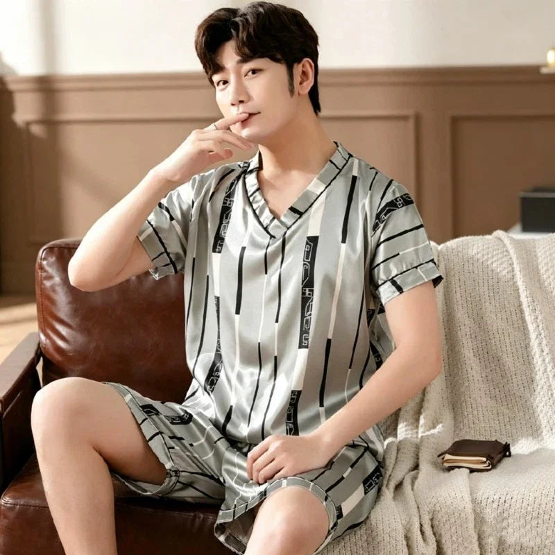 Plus Size Men's Pajamas Set Summer New Fashion Print Men's Sleepwear V-Neck Short Sleeve Shorts Homewear 2026 Casual Cool
