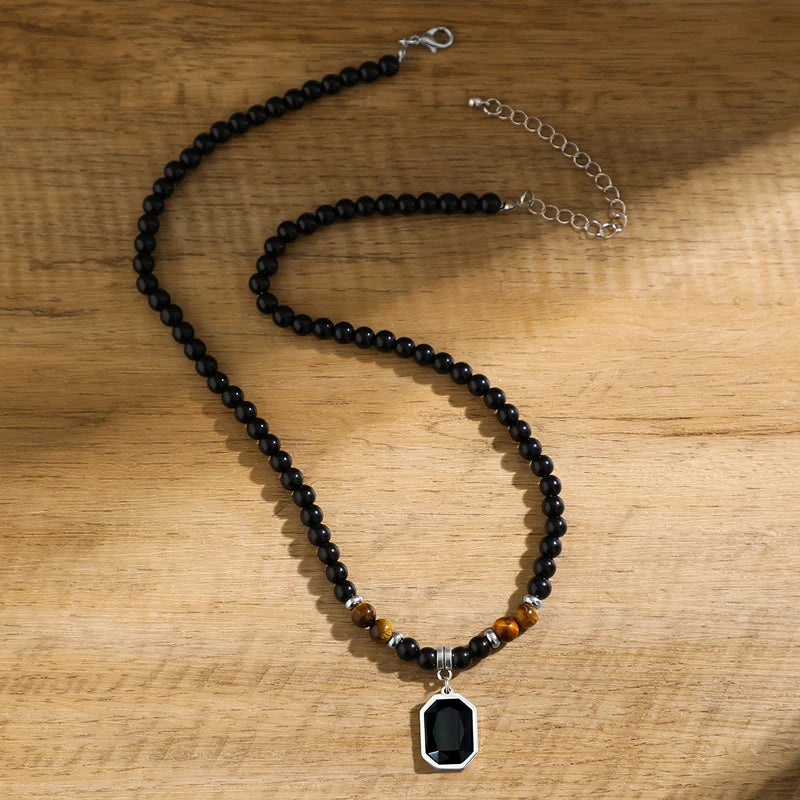 Black Beads with Square Pendant Necklace for Men Trendy Accessories on the Neck Collar 2025 Fashion Jewelry Male Gift Decoration